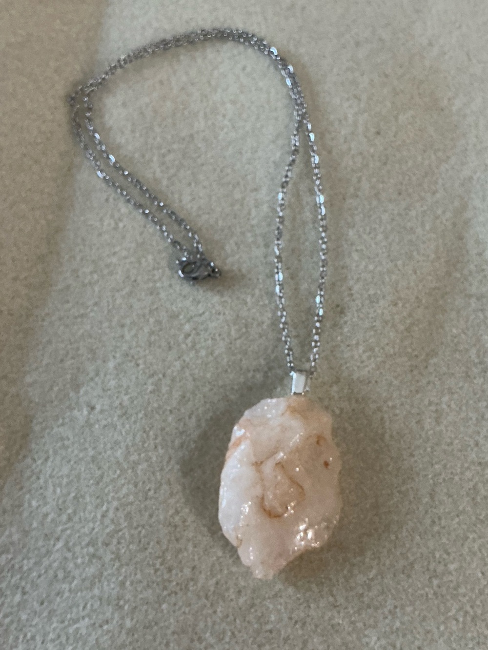 Silver tone Chain Necklace with Peach Stone Pendant, 21”